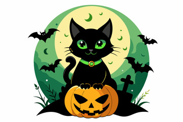 a vector T-shirt design featuring a mischievous black cat with glowing green eyes, perched on a spooky jack-o'-lantern, with a full moon and bats in the background