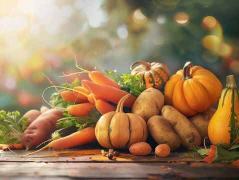 Herbstgem&uuml;se und K&uuml;rbisse auf Holztisch