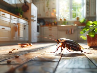 Resilient Cockroach Navigating Through Cluttered Kitchen Emphasizing Survival Instincts