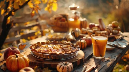 Fototapeta premium Autumn outdoor table setting with pumpkin pie, apples, juice, and autumn leaves on a rustic wooden table in a garden with warm sunlight.