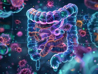 Obraz premium Detailed Colorful X ray of Intestines Showcasing Gut Microbiomes and Microorganisms