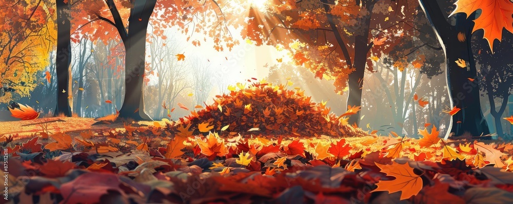 Poster Beautiful autumn forest scene with a pile of fallen leaves illuminated by soft sunlight filtering through the trees.