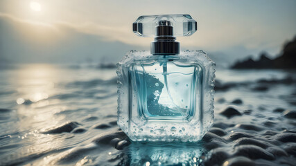 A clear, transparent perfume bottle with light blue liquid inside, set against a background of water droplets or waves. The overall vibe is fresh and invigorating.