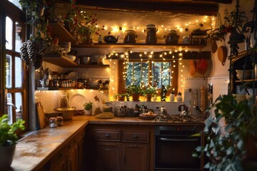 cozy yuletide kitchen rustic bungalow interior warm golden lights aromatic spices vintage decorations homemade treats