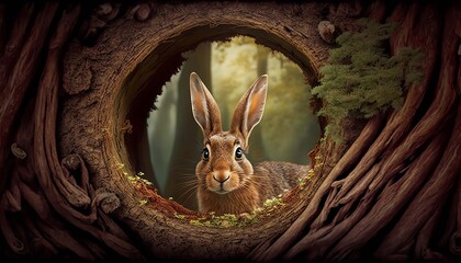 a field hare crawls out of a hole. Generative AI,