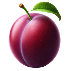 A perfect plum with a glossy surface and a vibrant leaf, isolated on a transparent background