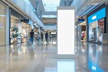 Mockup of a roll-up poster stand located in a shopping center or mall setting, designed as a wide banner with a blank, empty area for copy space
