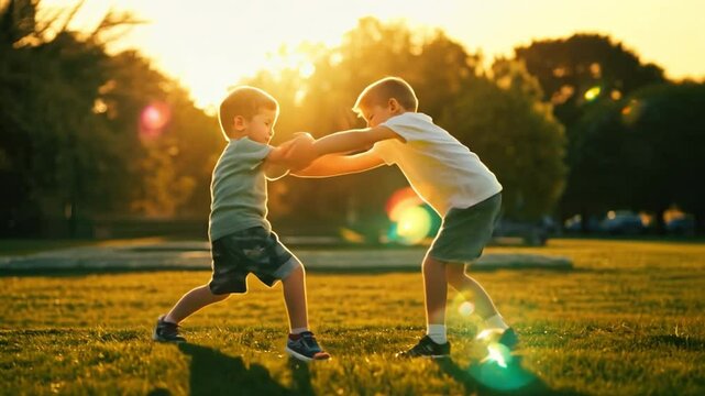 Two boys fighting outdoors. Siblings or friends wrestling on grass in summer park 