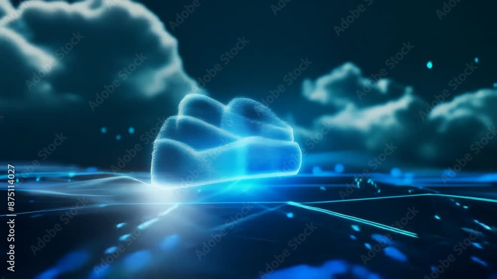Poster 3d animation of a digital cloud in a data center