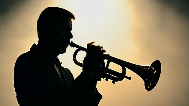 silhouette of a jazz man playing trumpet 