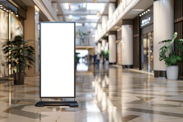 Mockup of a roll-up poster stand with a blank banner design and empty copy space, located in a shopping center restaurant mall environment