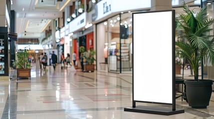 Mockup of a roll-up poster stand with a blank banner design and empty copy space, located in a shopping center restaurant mall environment