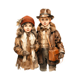 Fototapeta premium Retro autumn boy and girl wear fashion unifrom isolated on the transparent background