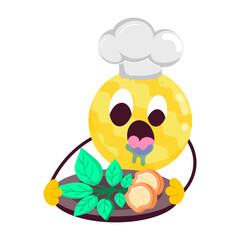 A flat style cute chef character serving food with watering mouth 

