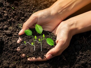 A person is holding a plant in their hands. The plant is small and green