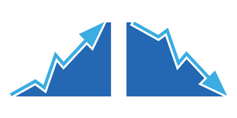 Graph going Up and Down sign with blue arrows vector. Flat design vector illustration concept of sales bar chart symbol icon with arrow moving down and sales bar chart with arrow moving up.