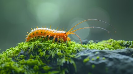 Fototapeta premium Vibrant Centipede Crawling on Moss Covered Rock in Close Up Detail