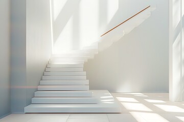 Obraz premium Modern white staircase with wooden handrail, clean lines, stylish design, ideal for sophisticated spaces, blending wood and white.