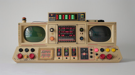 A large, beige plastic device with many buttons and gauges resembles an old video game console from the early. It has multiple colorful buttons on one side