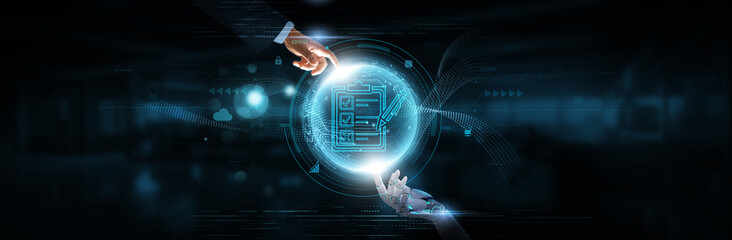 Hands of Robot and Human Touching on Assessment Network Connection Background, Evaluation and Artificial Intelligence Technology, Accuracy and Insight.