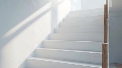 Obraz premium Sleek modern white stairs with a wooden handrail, minimalist design, elegant architectural detail, perfect for contemporary interiors.