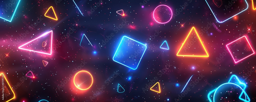 Poster neon outlines of random shapes on a dark background