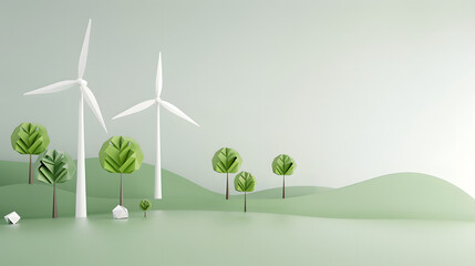 Abstract paper origami of wind turbines and green trees on rolling hills under a clear sky, symbolizing clean energy and sustainable environment.