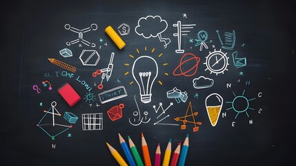 Creative education concept on chalkboard with colorful drawings and pencils, depicting ideas, science, and learning process.