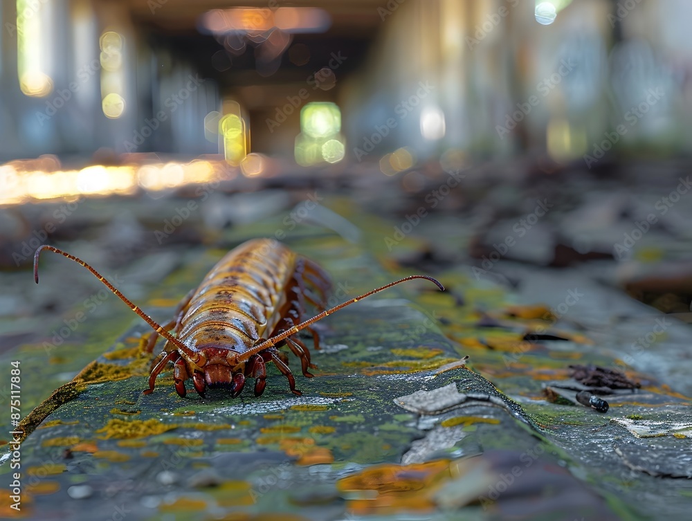 Poster centipede exploring abandoned building creating sense of decay and