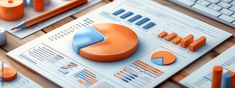 Poster an illustration of a document with a pie chart, representing statistical data.