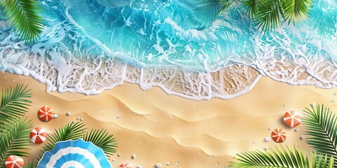 Summer sale banner featuring a top view of beach waves background
