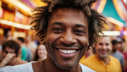 Smiling African American man at a vibrant carnival, surrounded by colorful lights and joyful people. Cheerful expression with a festive and lively atmosphere.