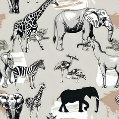 Cartoon Style African Wildlife Repeat Pattern