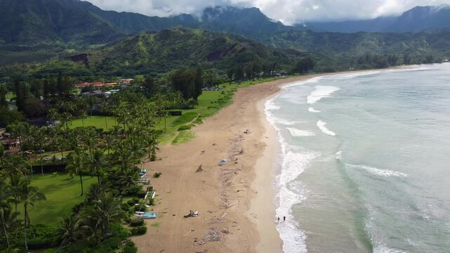 4K drone video of the island of Hawaii over the beaches of Lihue, Kauai. Near Waikiki Beach, Na Pali Coast, Haleakala National Park, Moloka'i's Kalaupapa