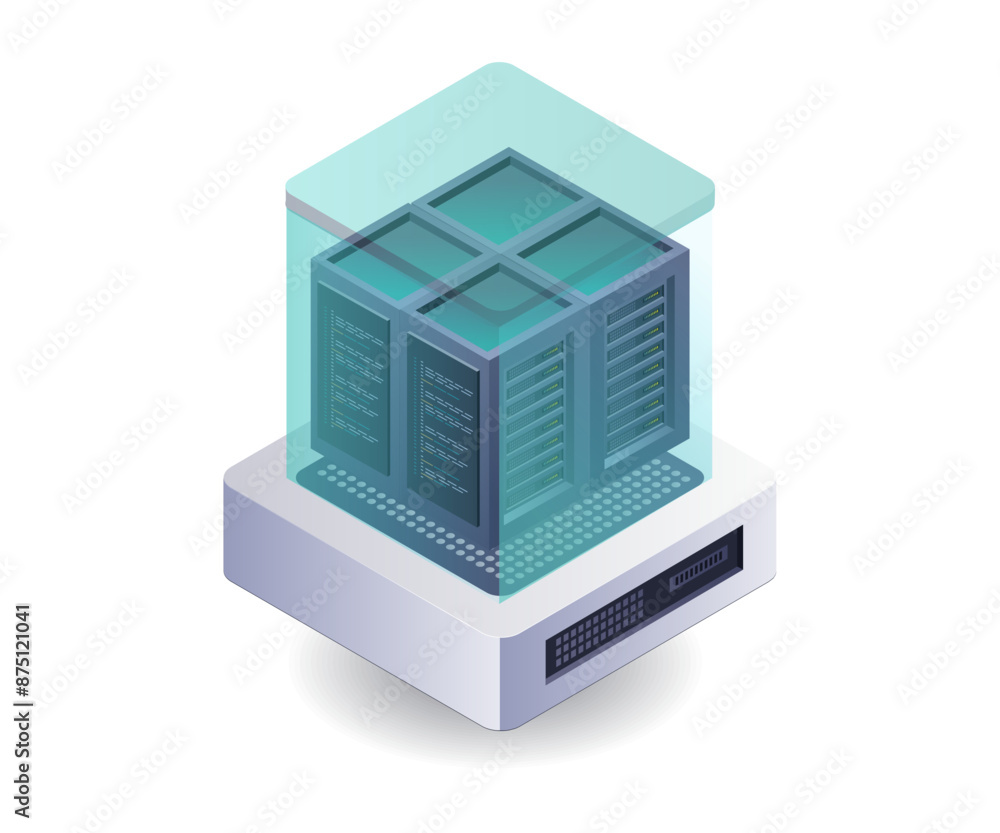 Aufkleber data management in server rack technology flat isometric illustration