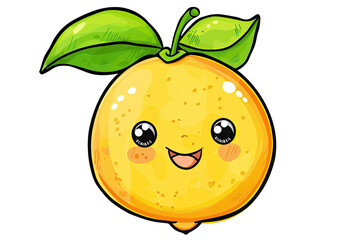 Cute yellow citrus fruit character with smiling face and green leaves, perfect for kids' designs and fun illustrations.
