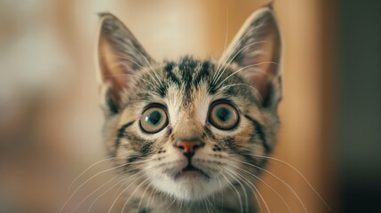 A kitten with big eyes and a curious expression. The kitten is looking at the camera, and its eyes are wide open