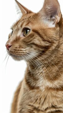 Front side close up of a Cheetoh cat with a focused face expression, isolated white background