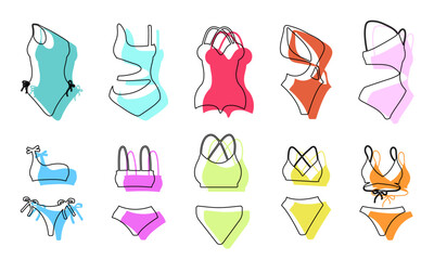 Set of blue, pink, orange, purple, green, yellow various women' bikinis in outline style isolated on white background for icons, webs, apps, banners	