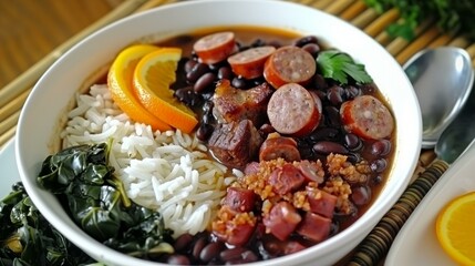 A delicious bowl of traditional Brazilian feijoada with rice, black beans, sausage, bacon, and orange slices.