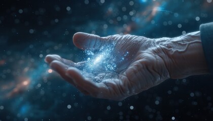 Fototapeta premium A hand holding a small object in a dark blue background