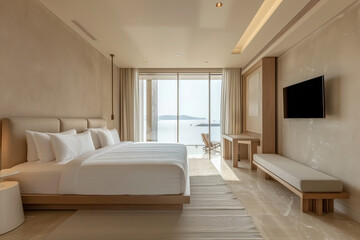 Beautiful decorated luxury hotel room with a large bed and loggia with sea view.