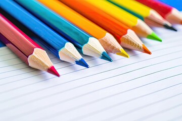 Close-up of colorful pencils lined up on a page of notebook paper, ready for drawing or writing. Ideal for education, school, and creativity themes.