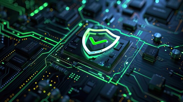Digital security shield icon on a circuit board background. Printed circuit board. Technology background. 3D illustration. PCB, Code, HTML. AI generated illustration