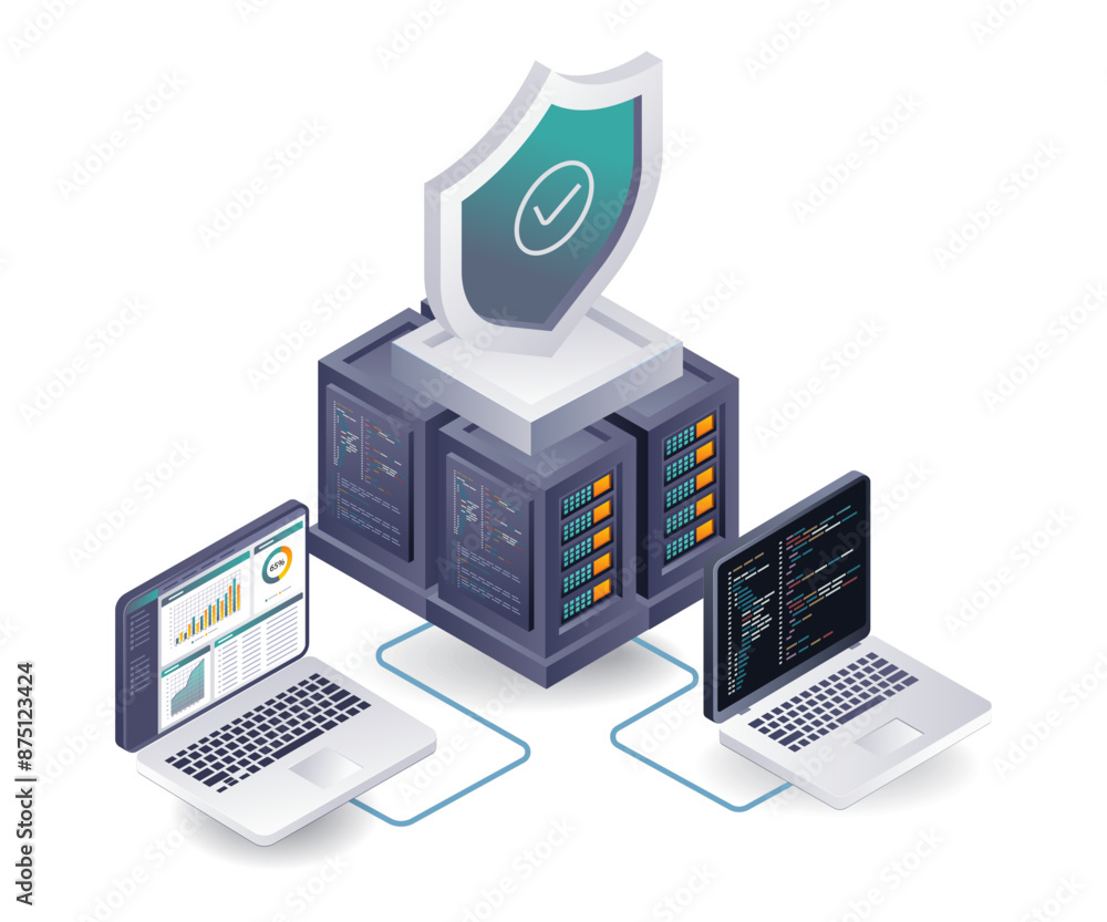 Poster cloud server security analysis system flat isometric illustration