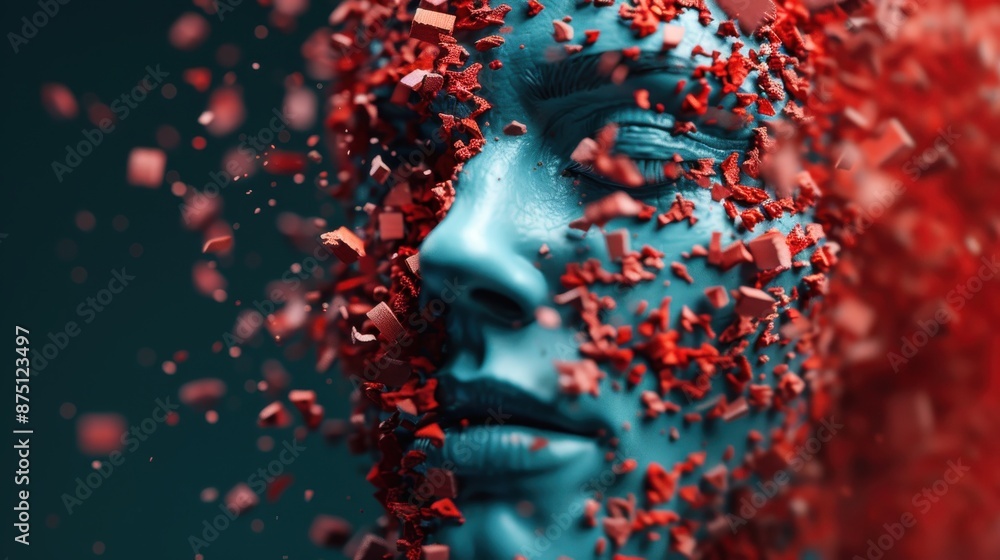 Poster this image features a blue face with a serious expression, breaking into red fragments, creating a d