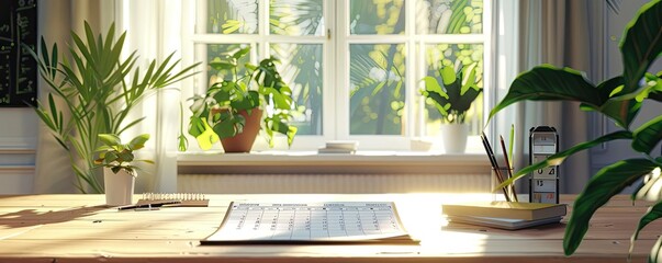 Fototapeta premium A bright home office setup with a wooden desk, potted plants, papers, and books near a large window with natural light streaming in.