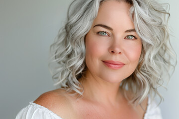 Fototapeta premium Close-up portrait of elderly Caucasian woman, studio photo, against a sleek gray studio backdrop