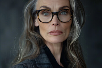 Fototapeta premium Close-up portrait of elderly Caucasian woman, studio photo, against a sleek gray studio backdrop