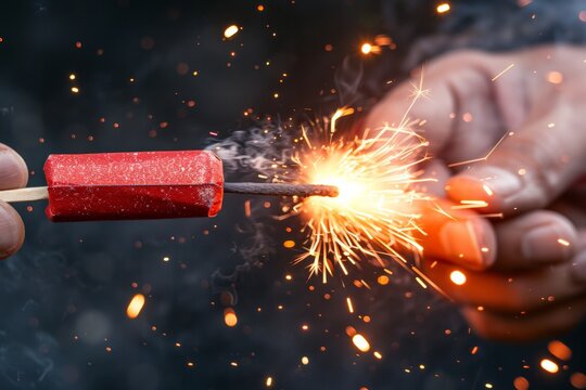 A close-up shot of a sparking firework being held by a hand.